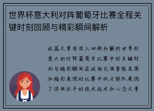 世界杯意大利对阵葡萄牙比赛全程关键时刻回顾与精彩瞬间解析